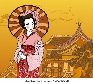 geisha. Japanese Woman.abstract Chinese landscape