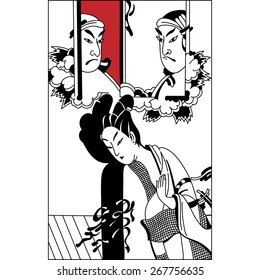 geisha. Japanese Woman.Japanese banner. Vintage hand draw art. Set of illustrations