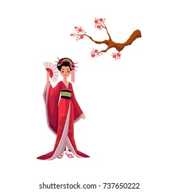 Geisha in kimono and blooming cherry tree, sakura branch, symbols of Japanese culture, cartoon vector illustration on white background.