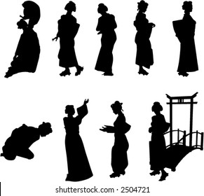 Geisha in Kimono Silhouettes (Vector)