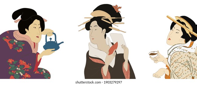 Geisha in kimono, woman in japan, traditional art style vector illustration. Japanese asian culture, beautiful fashion dress. Geisha serving chinese tea.