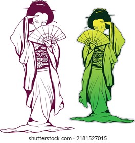 Geisha Or Maiko - Maiko Dressed As A Kimono Japan Kimono Uniform Drawing In Cartoon Vector