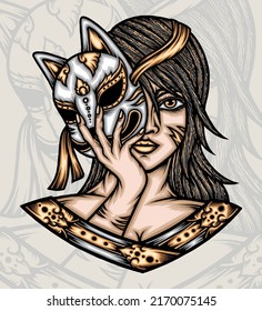 Geisha With Mask Illustration. Premium vector