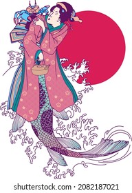 geisha mermaid with a crab teapot on her shoulder against the background of waves