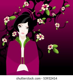 geisha on a background of cherry blossoms