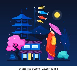 Geisha on the night street - modern colored vector illustration with japanese traditional temple and house buildings, paper lanterns, yellow moon and pink sakura tree. Oriental aesthetics idea