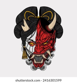 Geisha oni mask japanese artwork vector illustration