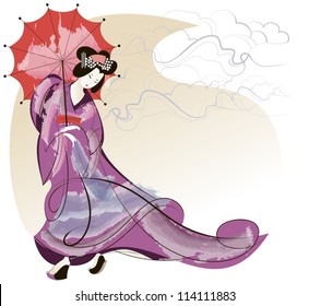 Geisha in pink kimono under a red umbrella