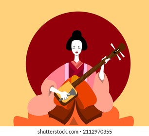 Geisha plays a musical instrument. Japan. Traditional Japanese clothing. Vector illustration in flat style.