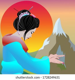 Geisha pointing and invaiting Welcome to Japan. Vector illustration poster geisha and nature Japan background