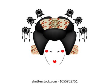 Geisha Portrait of Japanese or asian girl, traditional style with Japanese hairstyle, madama butterfly doll, Chinese or Japanese culture, beautiful fashion vector illustration isolated 