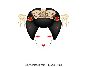 Geisha Portrait of Japanese or asian girl, traditional style with golden ornaments hairstyle, madama butterfly doll Chinese or Japanese culture, beautiful fashion vector illustration isolated or white