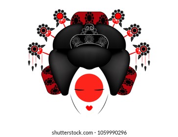 Geisha Portrait of Japanese or asian girl, traditional style with Japanese hairstyle, madama butterfly doll, Chinese or Japanese culture, beautiful fashion vector illustration isolated 