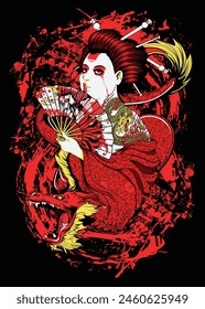 Geisha and Red Dragon Design Inspiration as a Pivotal Element for Logos, Posters, Cards, Banners, Emblems, T-shirts, and Vector Illustrations