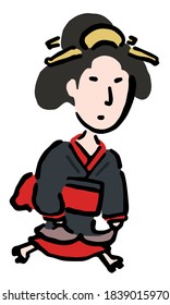 Geisha running : Hand drawn vector illustration like woodblock print
