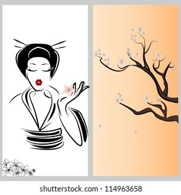 Geisha and sakura, vector illustration