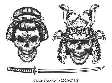 Geisha and samurai concept with skull. Vector illustraiton