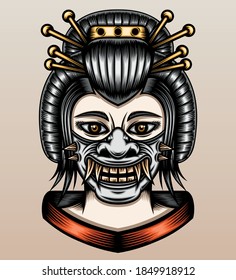 Geisha with samurai oni mask. Premium vector