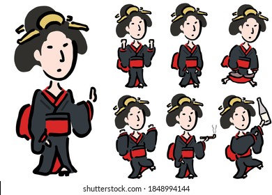  Geisha Set: Hand drawn vector illustration like woodblock print