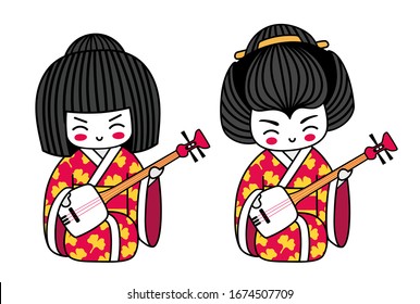 Geisha with shamisen. Kawaii japanese cartoon character. Little girl with musical instrument. Vector illustration.