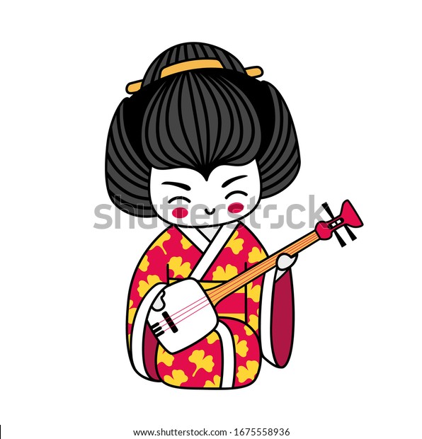 三味線の芸者 かわいい日本の漫画のキャラクター 赤い着物を着た楽器を持つ女の子 ベクターイラスト のベクター画像素材 ロイヤリティフリー