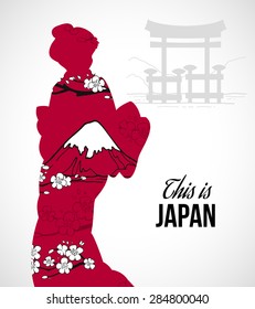 Geisha silhouette with sakura flowers and mountains poster vector illustration