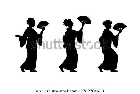 Geisha silhouette set in kimono walking and holding a traditional japanese fan