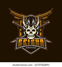 Geisha Skull Logo. Geisha Skull with Cross Katana Mascot E-Sport Design Vector Illustration Template