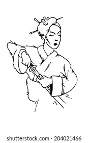 Geisha with sword. Sketch. Vector illustration