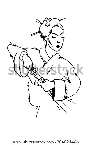 Geisha with sword. Sketch. Vector illustration