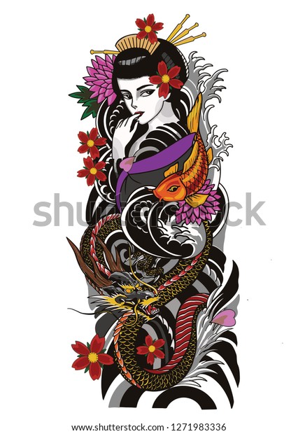 geisha tattoo\
design with the dragon and koi\
fish