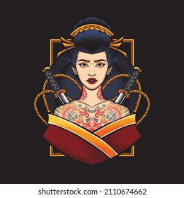 geisha with tattoo and katana illustration