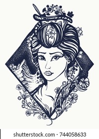 Geisha tattoo and t-shirt design. Symbol of Asia, Japan, China 