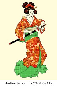 Geisha in Traditional Kimono using japanese katana