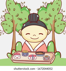geisha with tray sushi soup rice food japanese cartoon vector illustration sushi and rolls