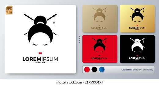 geisha vector illustration minimal Logo design. Blank name for insert your Branding. Designed with examples for all kinds of applications. You can used for company, indentity, cosmetic, beauty shop.