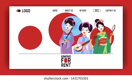 Geisha vector web page Japanese beautiful young woman in fashion kimono in Japan illustration backdrop set of asian oriental traditional costume background decoration web-page.