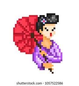 Geisha in violet kimono with red umbrella, 8 bit pixel art character isolated on white background. Asian girl in traditional japanese costume. Retro 80s; 90s video game graphics. Symbol of Japan.
