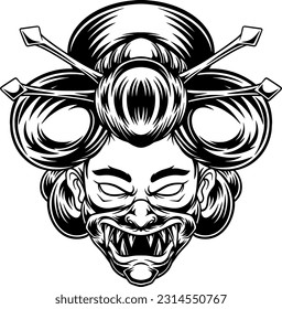 Geisha wearing hannya mask illustration
