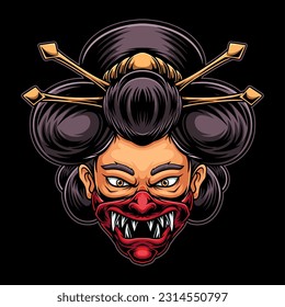 Geisha wearing hannya mask illustration