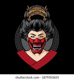 geisha wearing hannya mask vector