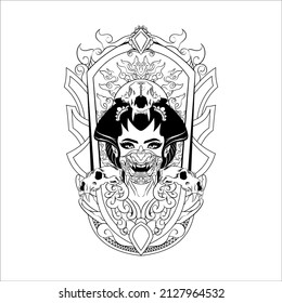 Geisha Wearing Mask Vector Black White Illustration