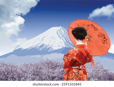 Geisha wearing red kimono holding traditional parasol admiring blooming sakura trees with mount fuji in background. Hand drawn Illustration