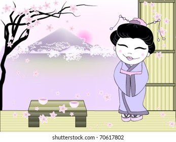 Geisha at the window with a view of Mount Fuji