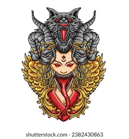 Geisha Wolf Red Oni Mask Ilustración Diseño horror drenaje