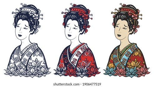 Retrato de mujer geisha. Niña asiática con kimono tradicional. Arte vectorial del tatuaje de la vieja escuela. Juego de personajes de caricatura dibujado a mano. Aislado en blanco. Cultura de Japón y China. Estilo tradicional de tatuaje