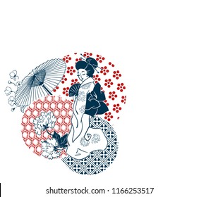  geisha woman umbrella fan circles japanese chinese vector design pattern card 