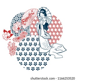  geisha woman umbrella fan circles japanese chinese vector design pattern card 