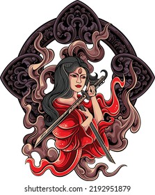 geisha woman vector design with samurai sword and engraved background, color editable