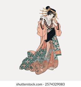 Geisha woman, vintage Japanese illustration by Keisei Eisen, vintage vector element. Woman vector art. Vintage woman person art drawing illustration, woman lady female painting art print vector.